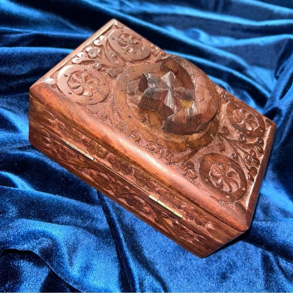 Handcarved Wooden Box with Star and Moon Relief Design‎